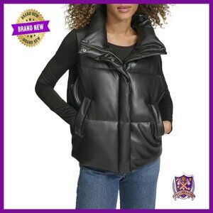 Vegan Leather Quilted Puffer Vest Jacket, Water-Resistant, Cropped Fit